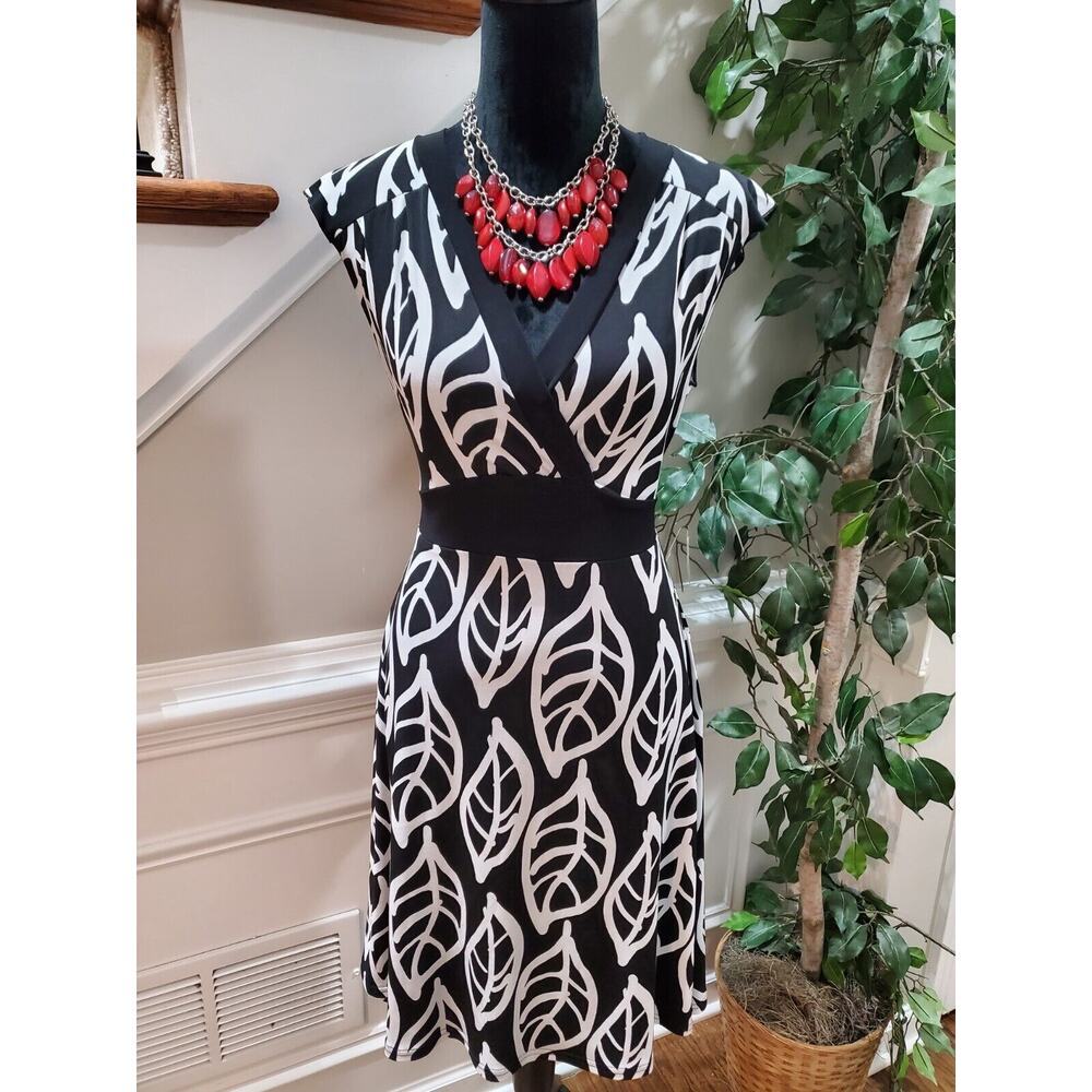 Just For Wraps Women Black/White Polyester V-Neck Sleeveless Knee Length Dress L - Picture 11 of 11
